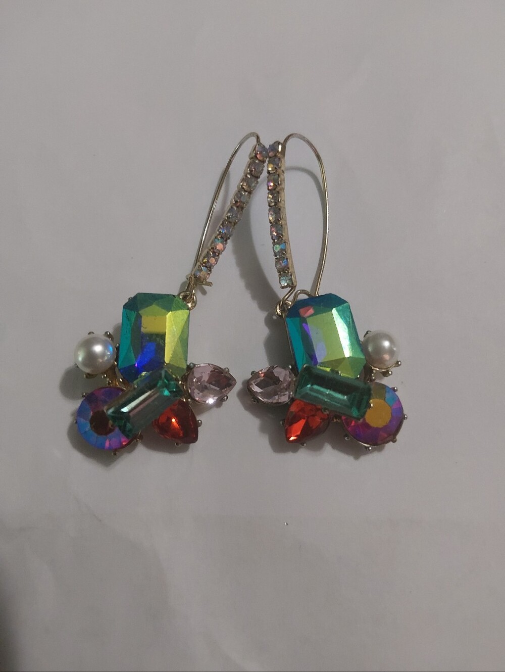 Betsey Johnson Iridescent Multicolor Crystal Drop Earrings with Pearl